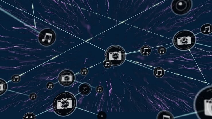 Animation of network of connections with icons over glowing purple light trails