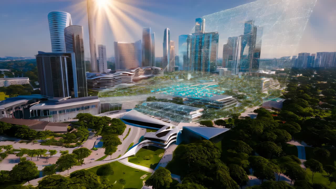 Smart City Aerial View with Digital Overlay