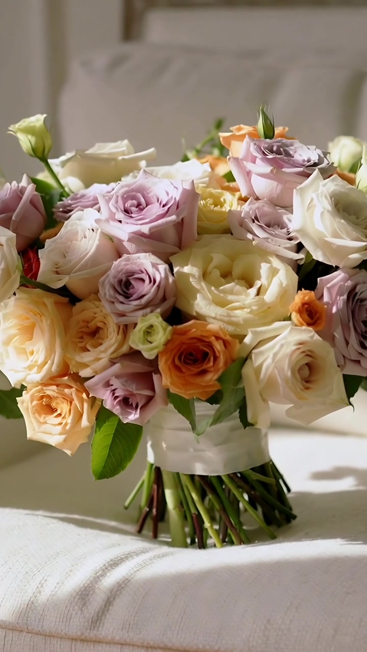 Video verticale: Telecamera che zooma mostrando un bouquet di rose pastello legato a mano su un divano, evidenziando il nastro