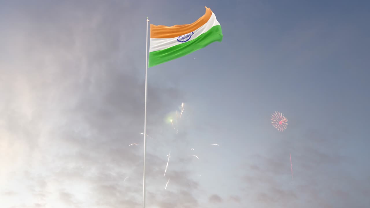 Bandera de la India con fondo de fuegos artificiales y diferentes ángulos de movimiento