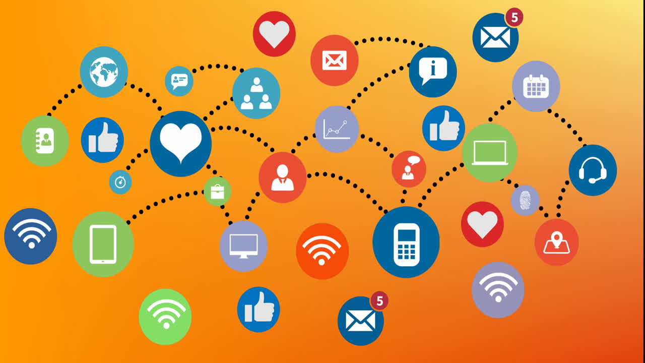 animación de una red de iconos digitales flotando contra un fondo de gradiente amarillo