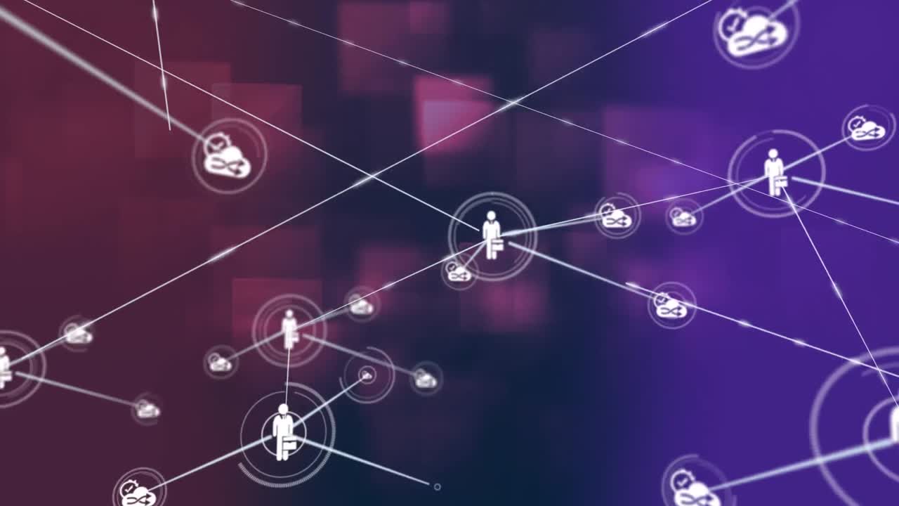 animación de una red de iconos digitales sobre formas cuadradas flotando contra un fondo de gradiente púrpura