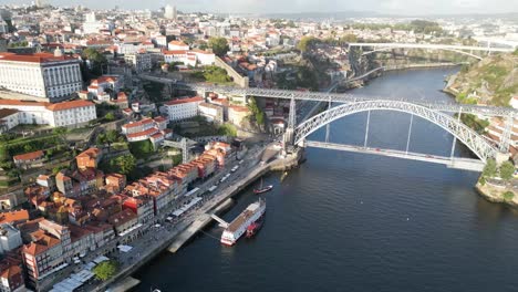 drone shot of bridge in porto portugal with bird flying in front of the camera