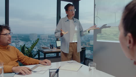 experienced female engineer standing by projection screen and giving presentation to colleagues about sustainable energy during meeting in office with panoramic windows overlooking the city