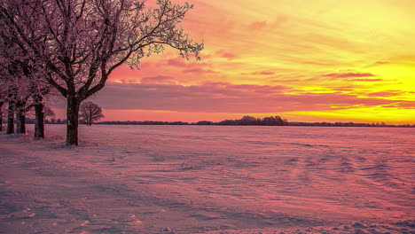 Filmischer-Zeitraffer-Des-Sonnenunterganghimmels-Durch-Die-Winterlandschaft