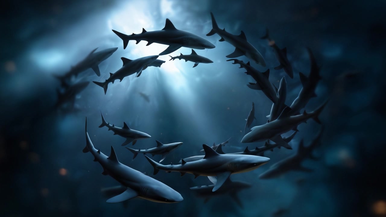 A mesmerizing underwater display featuring a swirling formation of sharks illuminated by ethereal beams of light in a moody, dark ocean environment.