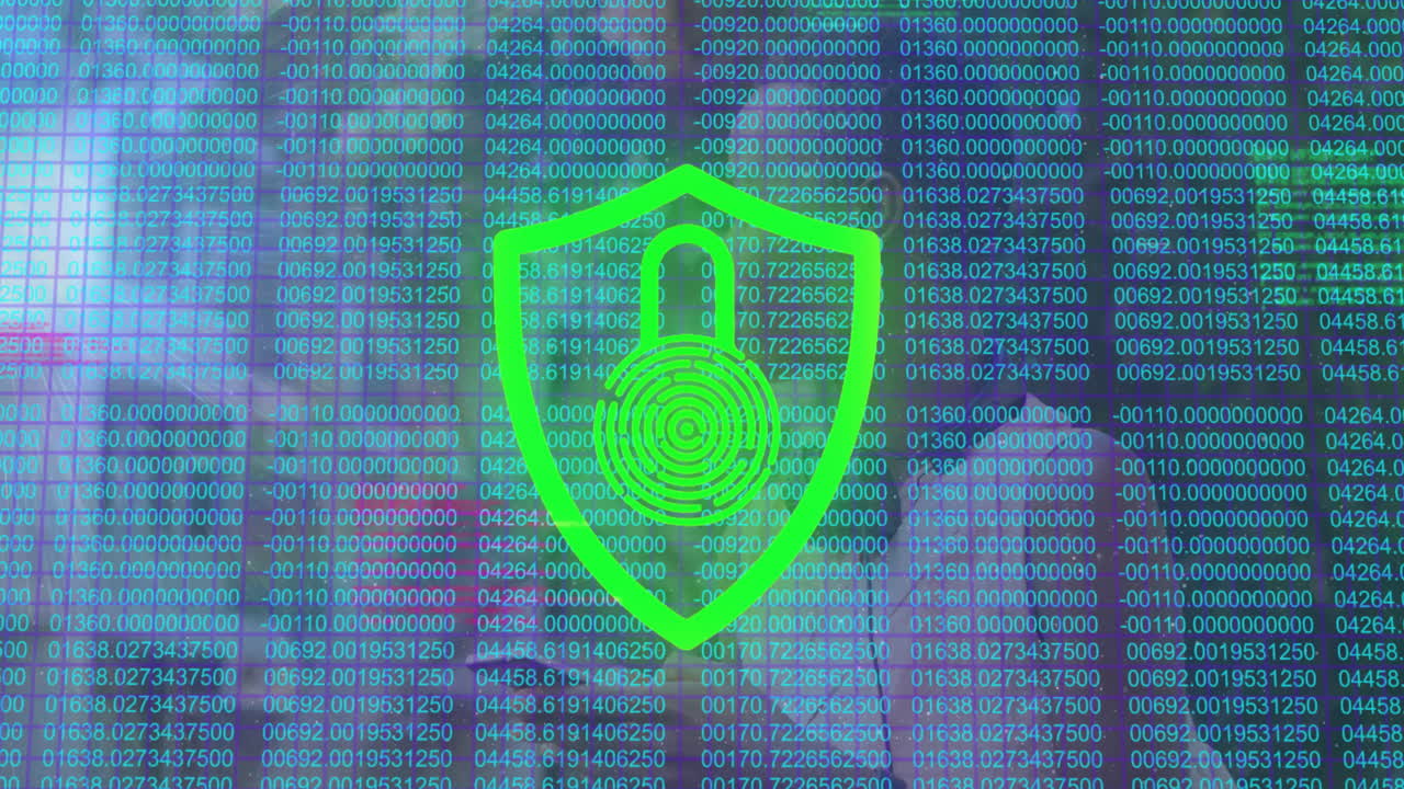 Shield icon floating over virtual data interface, showing cybersecurity encryption protection
