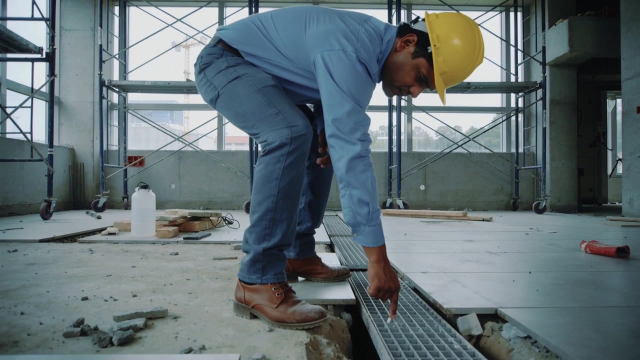 Reaching site worker in yellow hard hat aligning drain grate into trench on floor securing drain