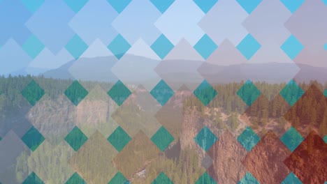 animation of squares in red, white and blue of flag of america, over mountains and forest