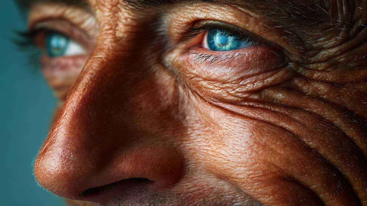 Close-Up of a Mature Man's Face Highlighting His Distinctive Blue Eyes and Textured Skin, Capturing Emotions and Details in a Striking Light