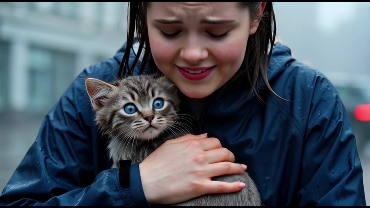 Jeune femme sauvant un chaton errant dans une rue de ville pluvieuse