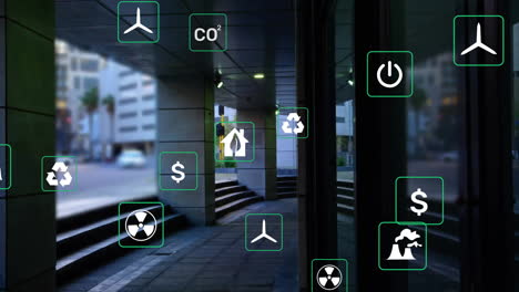 animación de iconos ecológicos con procesamiento de datos sobre el paisaje urbano