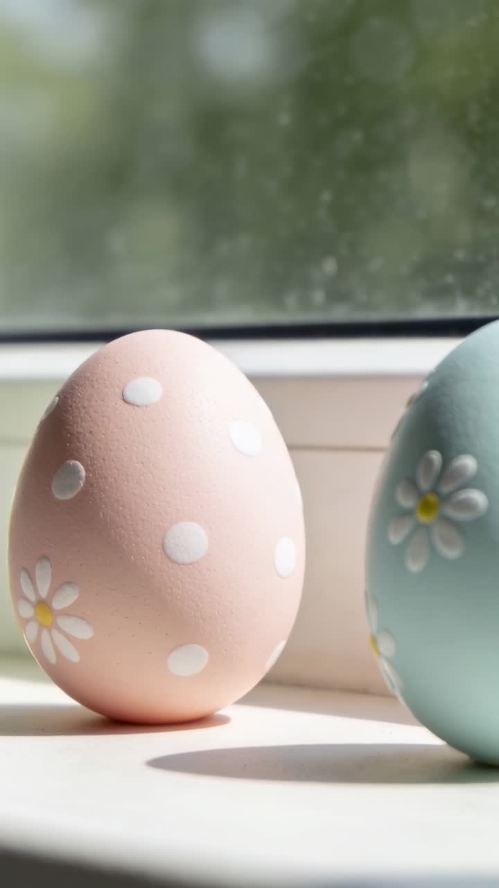 Camera shifting, zooming in, pastel peach and mint-blue eggs moving on windowsill to show daisies