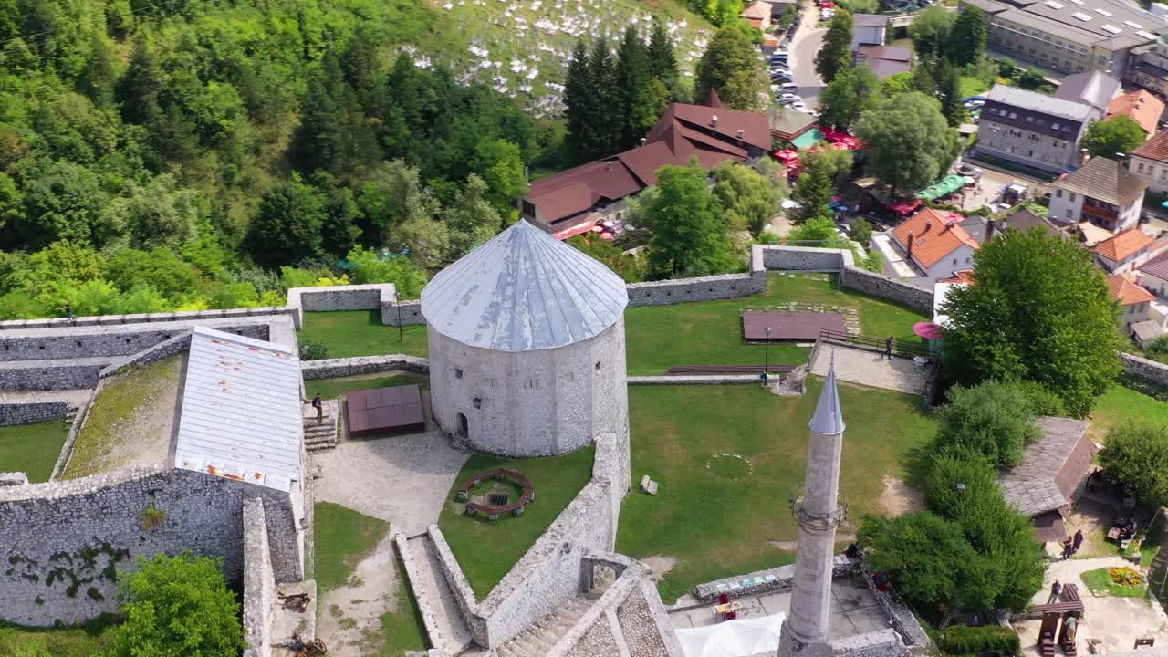 The Travnik Castle with Minaret in Bosnia and Herzegovina, Aerial circle reveal shot
