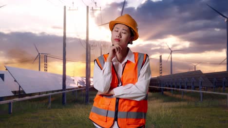 asian female engineer with safety helmet thinking about something and looking around with solar panel and wind turbines