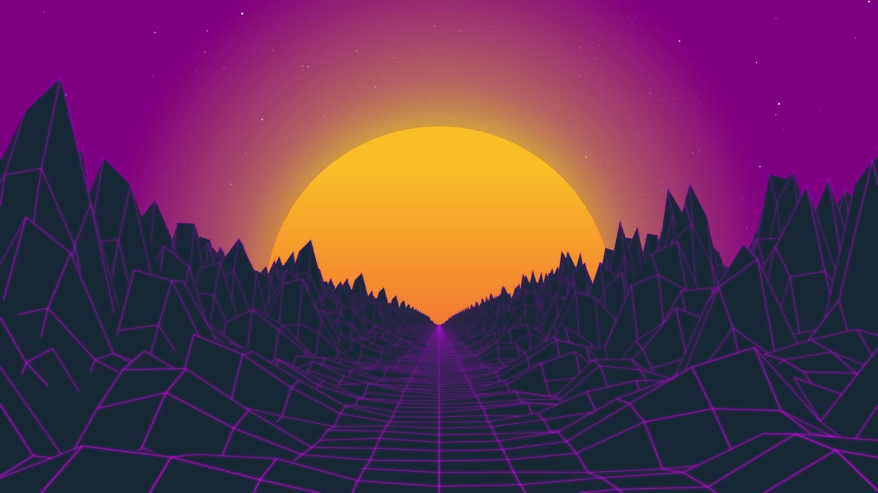 Sfondo animato per videogioco in stile retrowave. Loop retrowave, sole arancione, cielo viola e superficie a griglia.