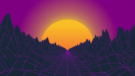 retro wave videogame animation background. retrowave loop, orange sun, purple sky and grid surface