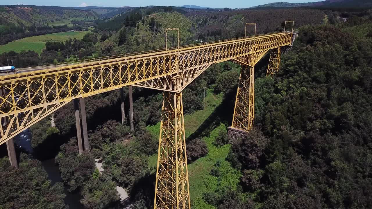 Malleco Viaducto and Panamericana Highway. Drone Aerial View of Steel Railway Bridge and Modern Motorway in Countryside of Chile