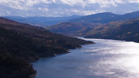 Drone-sliding-shot-of-Aspen-lake-and-mountains-during-autumn,-70mm