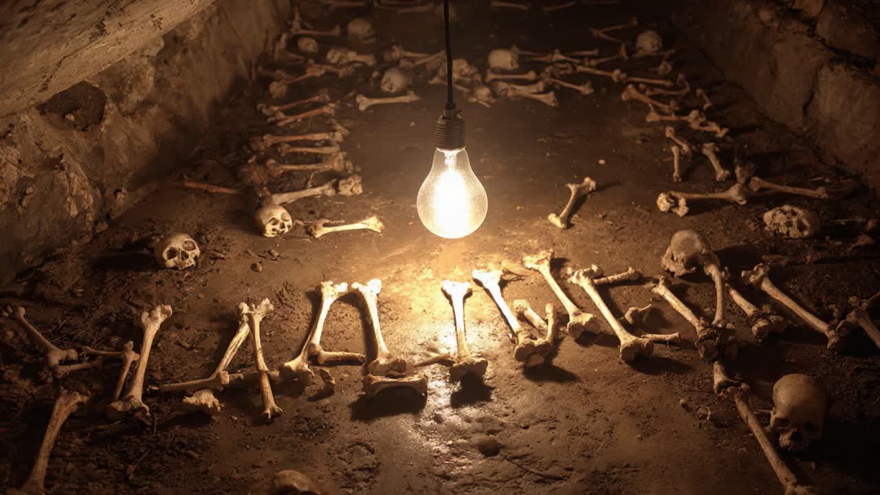 Menneskelige skeletter og knogler, der ligger på jorden i en mørk, uhyggelig katakombe eller fangekælder, hvor nogle af knoglerne staver ordet Halloween under en svingende glødepære