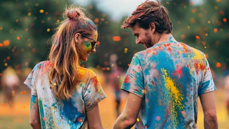 a couple covered in colorful paint during a holi festival celebration