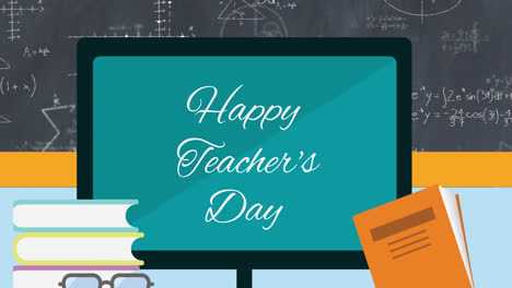 animation of happy teacher's day text over school icons on green background