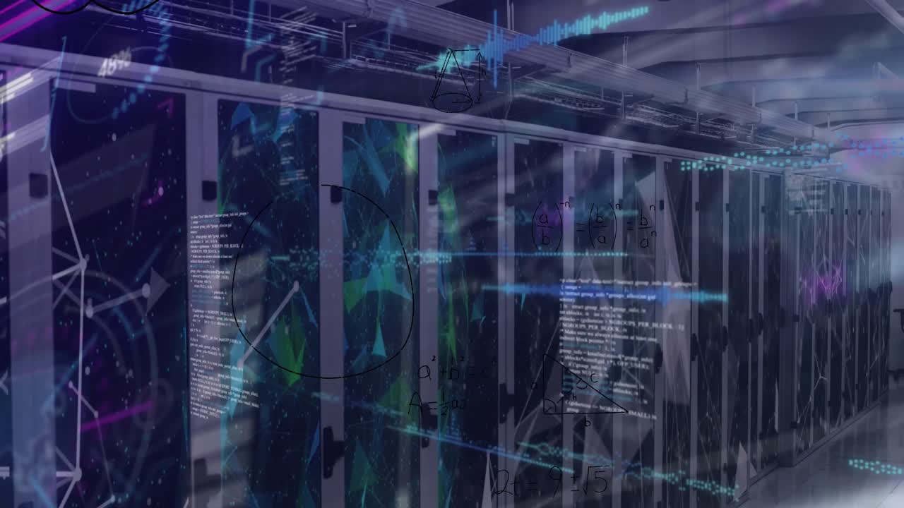 Animation of networks, mathematical equations and data processing over computer servers