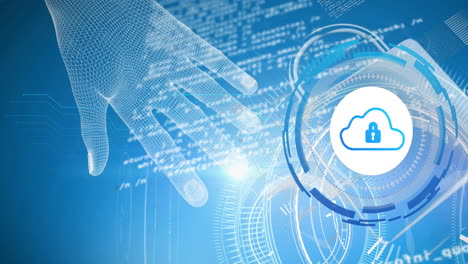 animation of data processing with hand and cloud icon over blue background