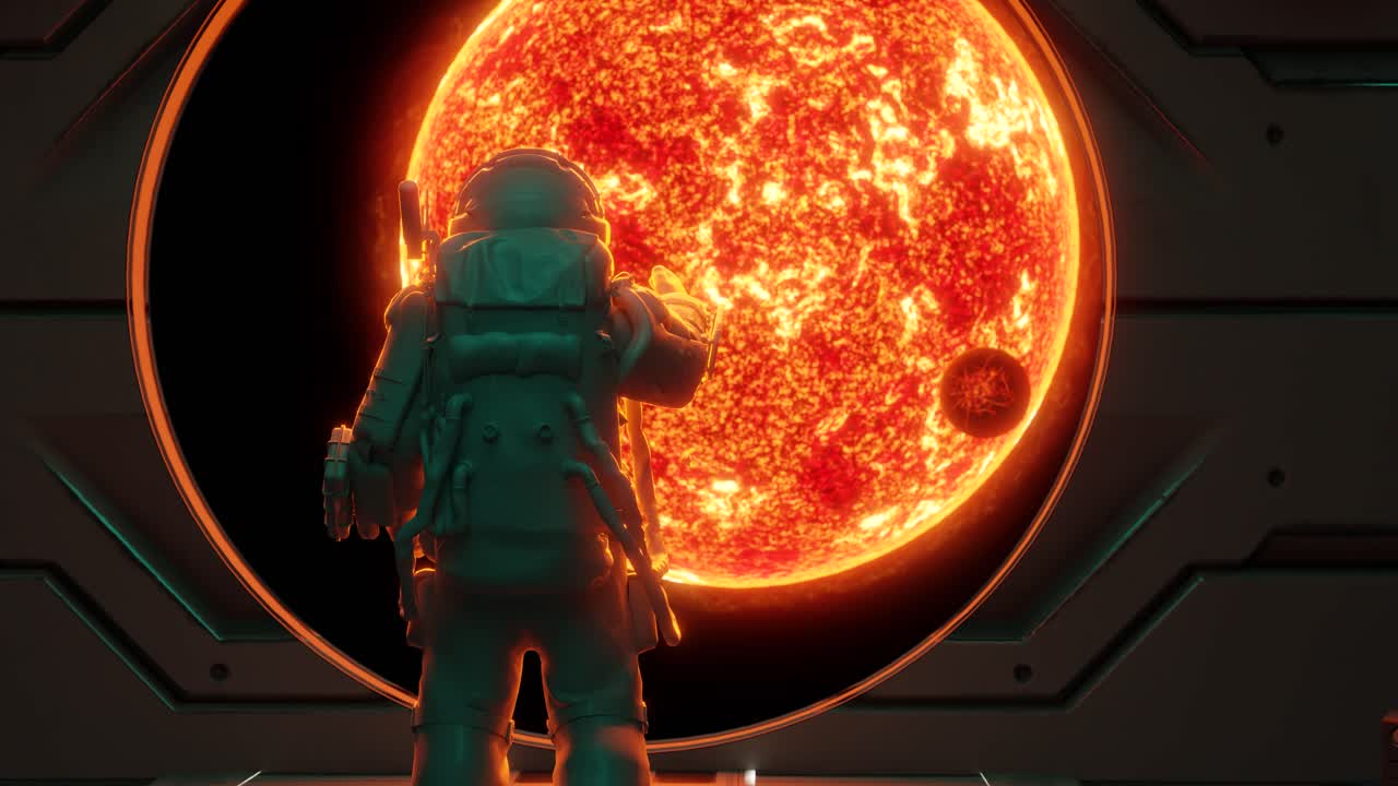 Astronaut observing burning red giant star from spaceship window
