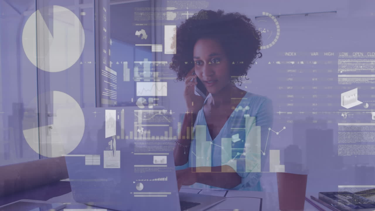 Animation of statistical data processing over african american woman talking on smartphone at office