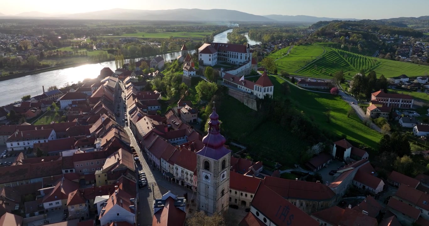 Castello di Ptuj nel centro storico, circondato da tetti rossi, vigneti e il fiume Drava nella città di Ptuj, Slovenia. Ripresa aerea con allontanamento.