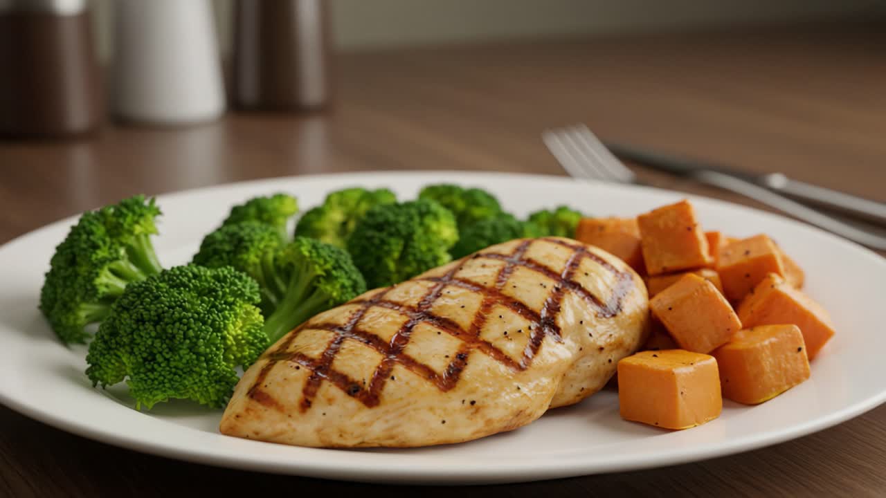 Delicious Grilled Chicken Breast Served with Fresh Broccoli and Sweet Potatoes on a Plate, Showcasing a Healthy and Colorful Meal for Nutritious Eating