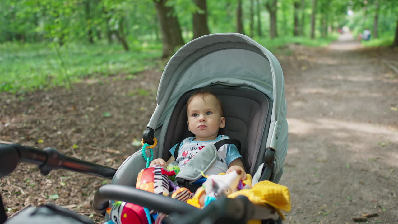 Cute Caucasian baby boy lying peacefully in the pram. Parent taking a child for a walk in the park. Nature backdrop.