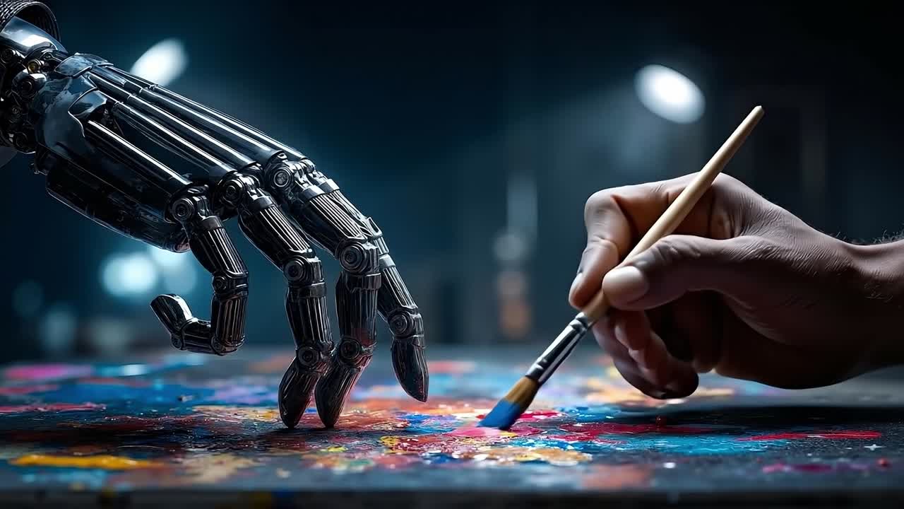 A person painting a robot hand with a brush