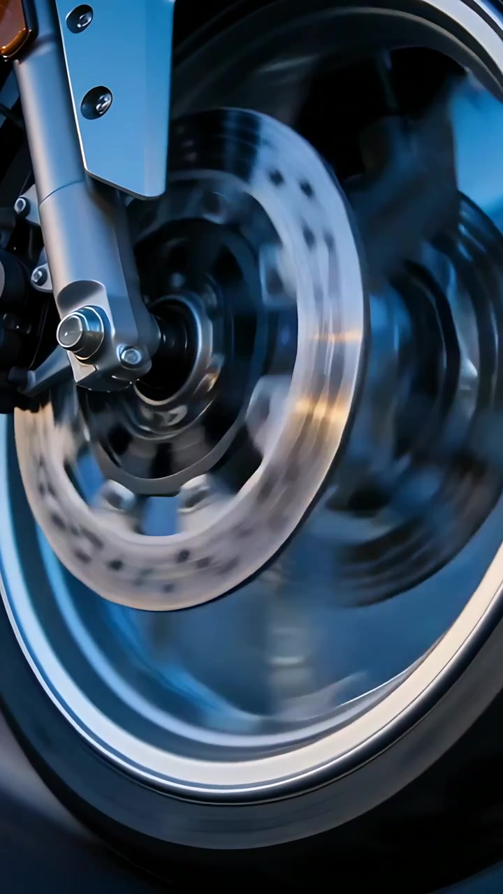 Vertikal video: Accelererende cykels forhjul drejer rundt på asfalteret vej, viser rotor og kaliber.