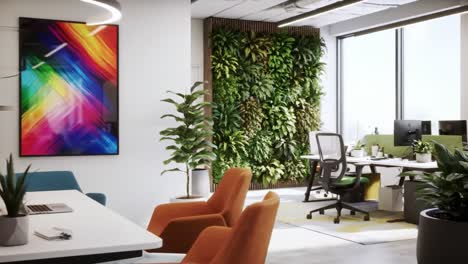 modern office design with vibrant plants and artistic decor: a fusion of nature and innovation in a contemporary workspace environment