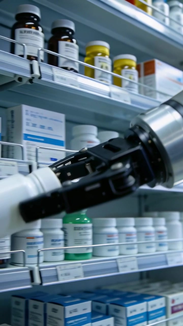 Video verticale: Pinza a 3 griffe di un robot che afferra e sposta una bottiglia bianca su segnale in farmacia per il ritiro.
