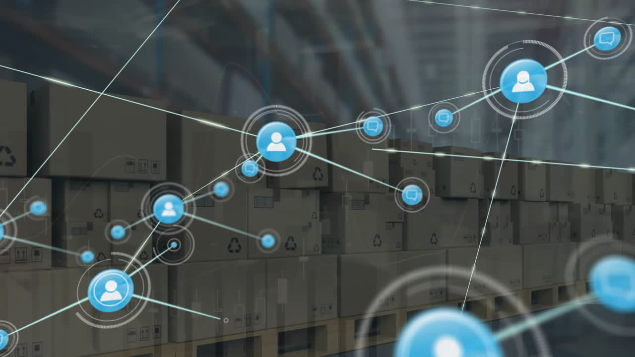 연결된 아이콘의 애니메이션과 창고 위로 이동하는 카드보드 상자