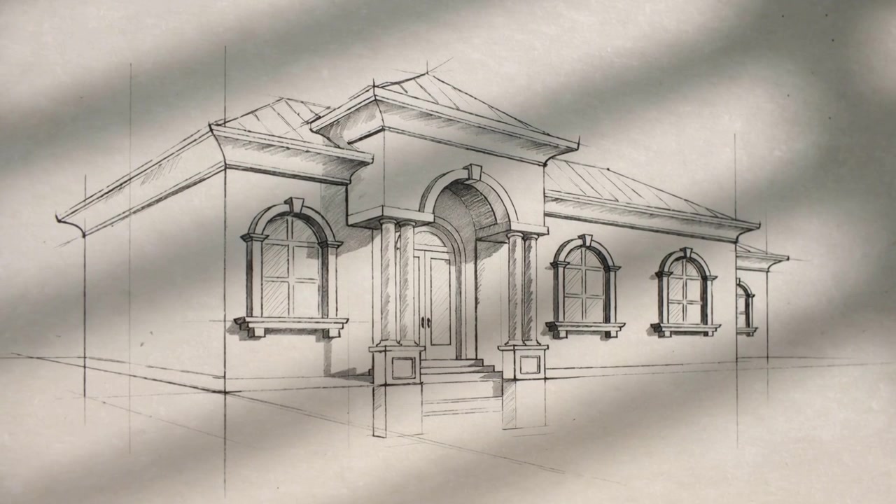Schizzo a matita di una casa che inizia con leggere linee guida prospettiche e acquisisce sfumature su un foglio da disegno