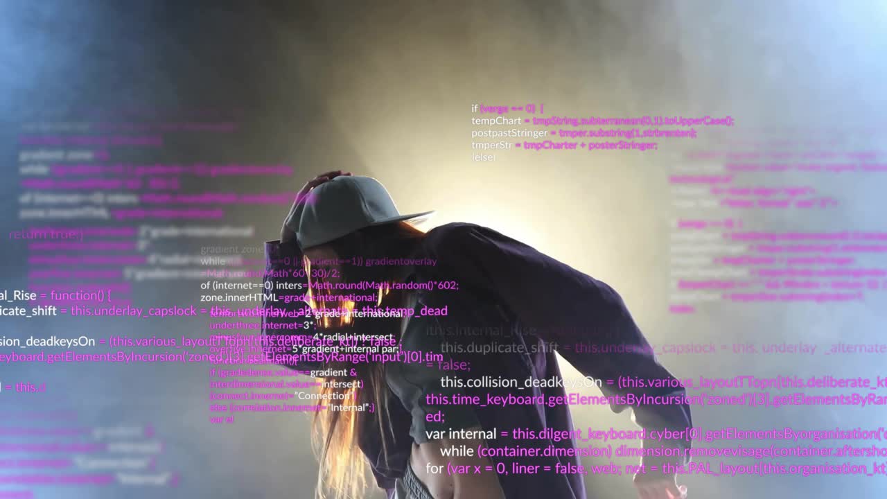 Receiving scrolling code overlay, dancer lifting arms and flipping hair showcasing tech art