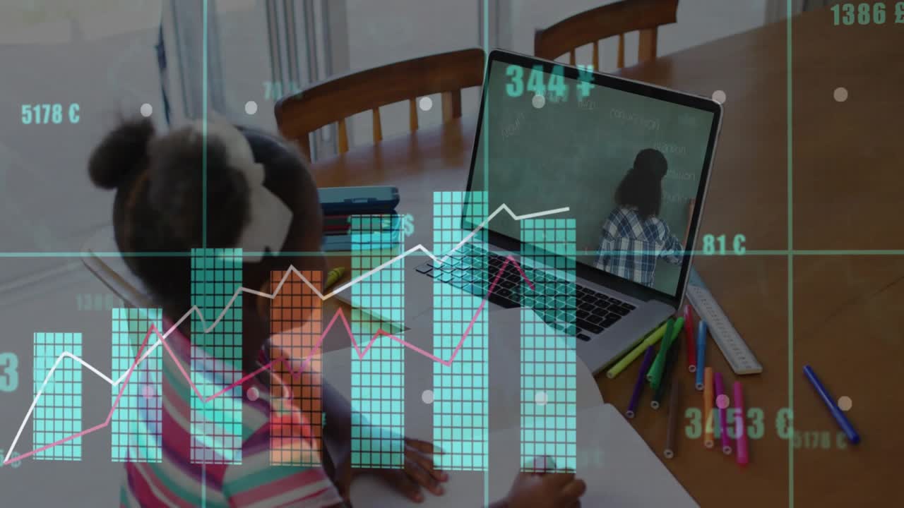 Vertical video: Girl drawing while watching laptop presenter, education charts rising across table
