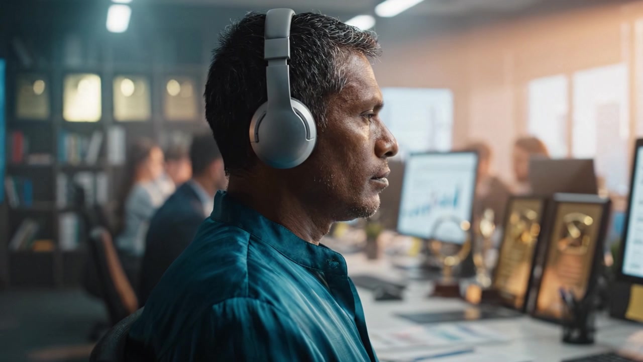 Focused Individual with Headphones in Professional Workspace Surrounded by Colleagues and Computer Screens Showcasing Data and Achievements