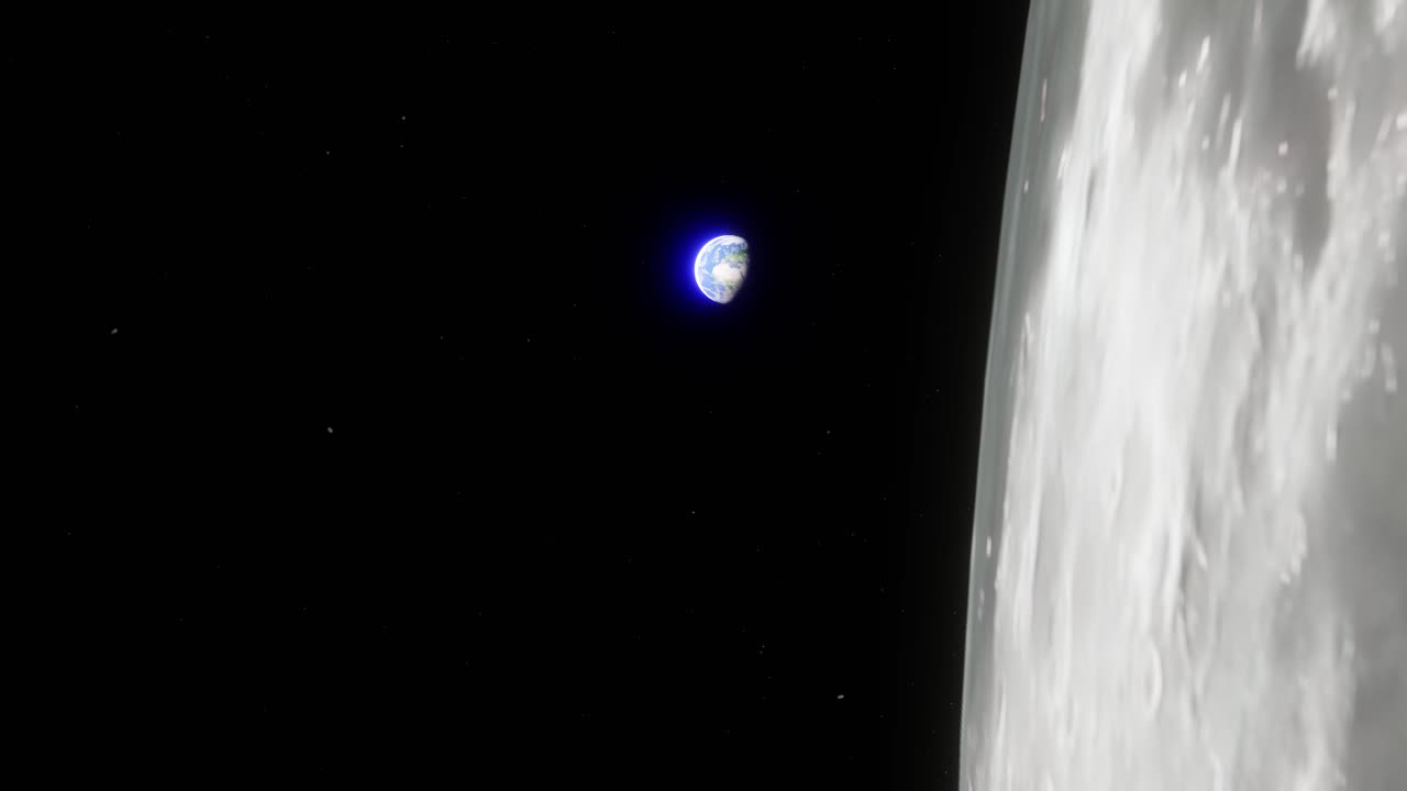 кинематографический вид планеты земля, проходящей мимо и раскрывающей поверхность луны с легким вращающимся плавающим движением