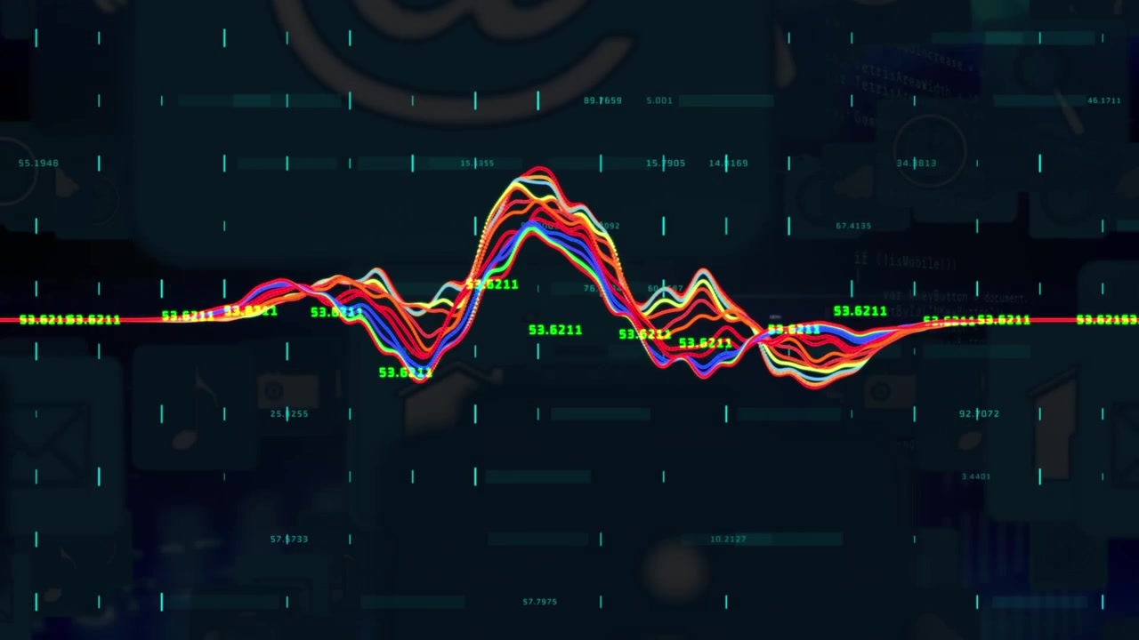 Colorful waveform pulsing and shifting on dark teal canvas, on data spike, showing readouts