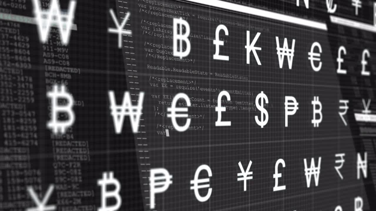 Animation of currency symbols over data processing on black background