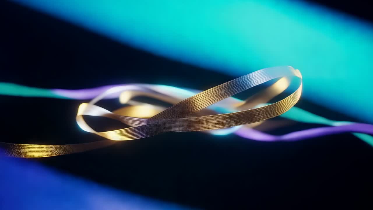Sweeping ribbons rising in black void, revealing cyan-green band, ribbed gold, purple-teal strands
