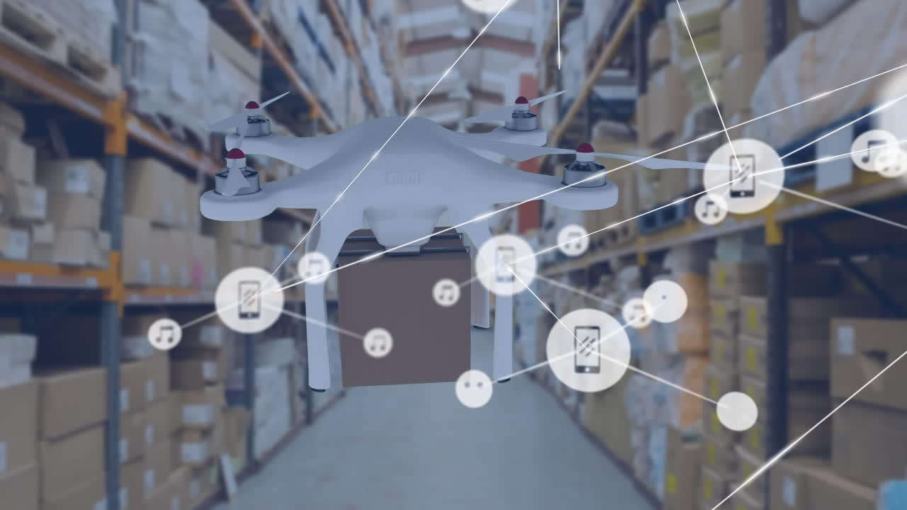 animación de la red de conexiones a través del almacén y el dron