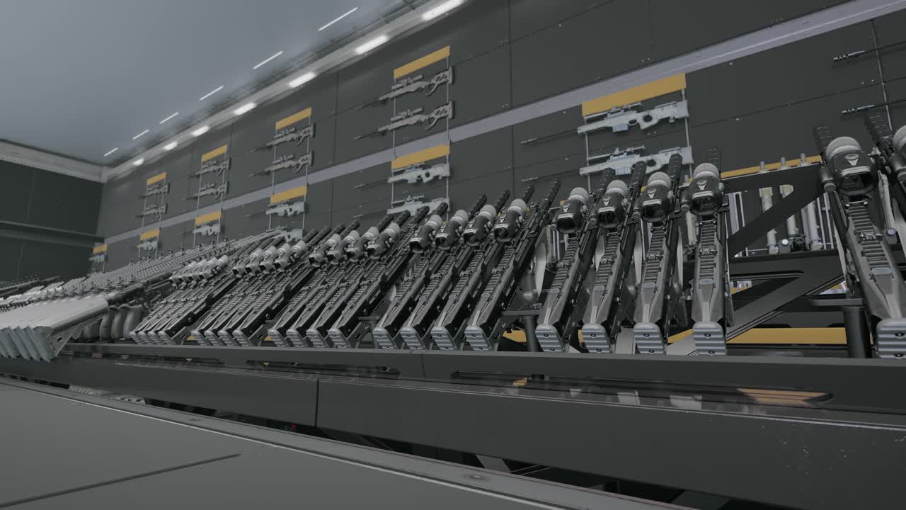 Row of Assault Rifles and Other Firearms on Display Wall