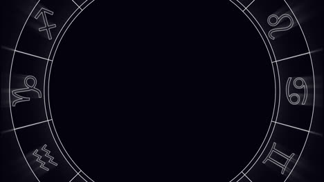 animation of gold rays and zodiac wheel spinning over snow falling on black background