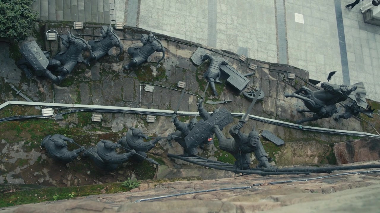 Chongqing Ancient Chinese Warrior Battle Sculptures on Stone Wall Seen from Above